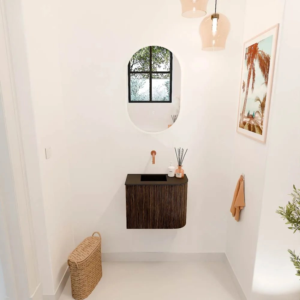 Mondiaz Joya 50cm toiletmeubel ronding rechts walnut met wastafel faye links zonder kraangat urban