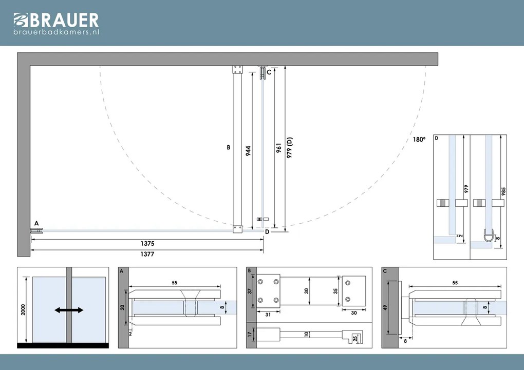 Brauer Void profielloze douchecabine 100x140cm RVS geborsteld PVD