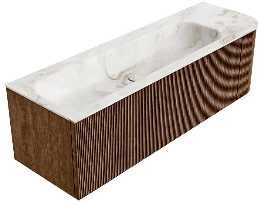 Mondiaz Kurve-dlux 145cm badmeubel ronding rechts walnut met 1 lade en deur en wastafel big large links zonder kraangat frappe