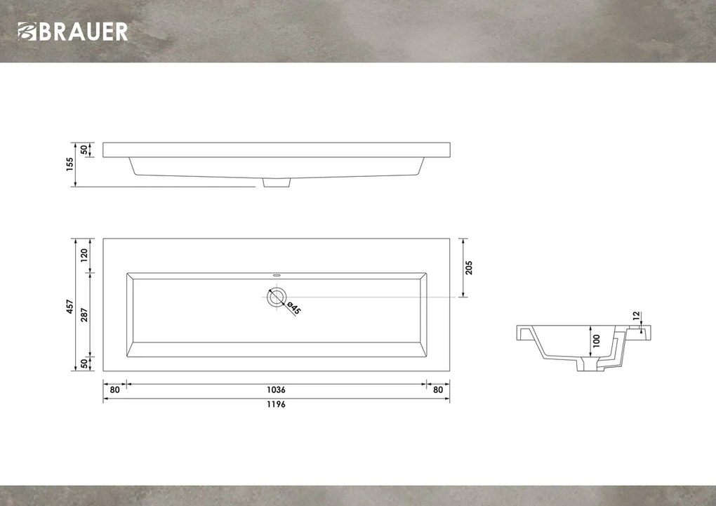 Brauer Solar Medium wastafel mineraalmarmer 120cm zonder kraangat wit glans