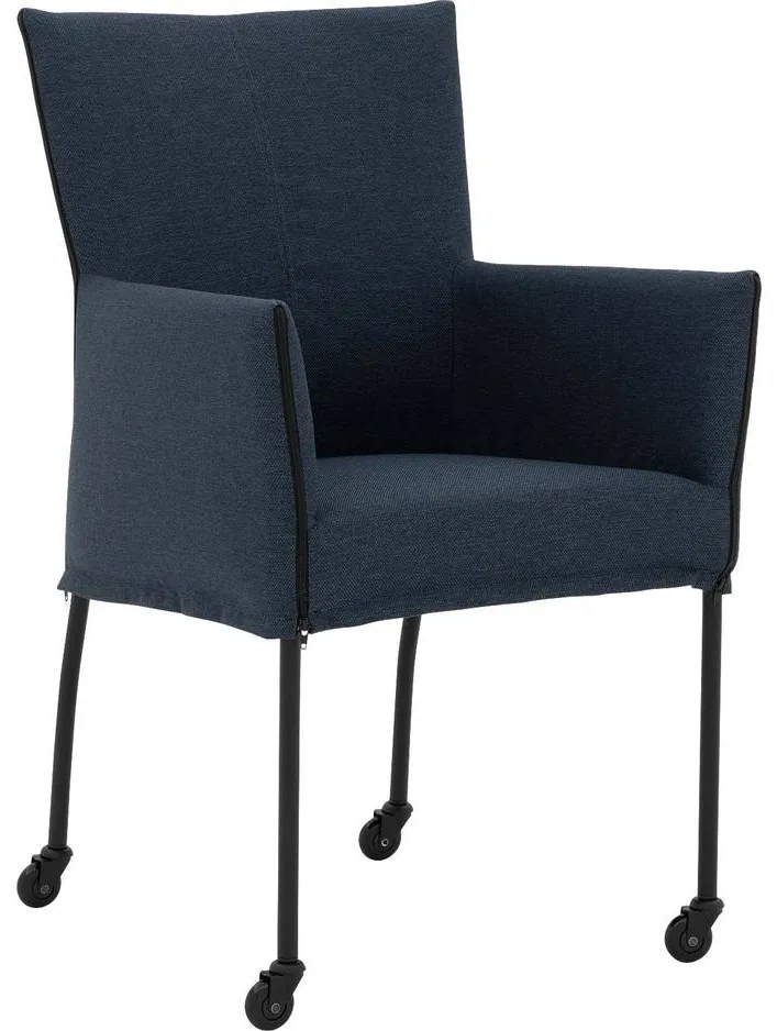 Goossens Eetkamerstoel Funk Zwarte Poten blauw stof met armleuning en Zwart skater wiel met zwarte kapmet wielen, modern design