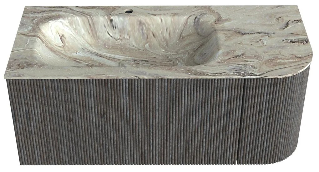 Mondiaz Kurve-dlux 105cm badmeubel ronding rechts shadow met 1 lade en deur en wastafel big small kraangat links glace
