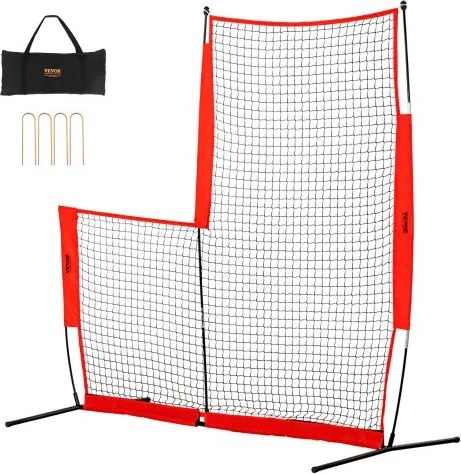 VEVOR L-type slagkooinet 240 x 106 x 214 cm honkbal- en softbalveiligheidsscherm, lichaamsbeschermer, draagbaar slagscherm met draagtas en grondpennen, honkbalwerpnet voor buiten, rood