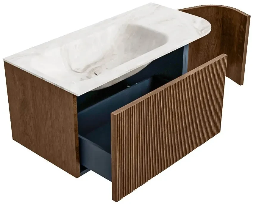 Mondiaz Kurve-dlux 95cm badmeubel ronding rechts walnut met 1 lade en deur en wastafel big small kraangat links frappe