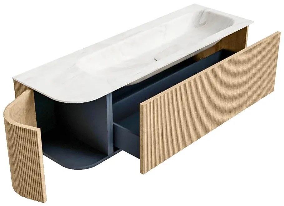 Mondiaz Kurve-dlux 145cm badmeubel ronding links oak met 1 lade en deur en wastafel big large rechts 2 kraangaten ostra