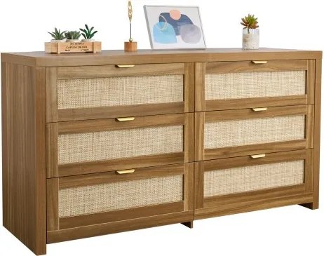 VEVOR Rattan Commode met 6 Laden en Metalen Handgreep, Moderne Rattan Kast voor Slaapkamer, Woonkamer, Hal (144,5 x 45 x 79,5 cm) Kledingkast met Laden Walnoot