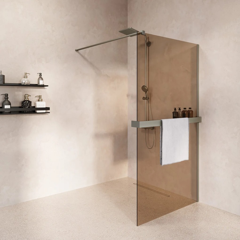 Saniclear Metric inloopdouche 90cm met handdoekhouder en bronsglas RVS