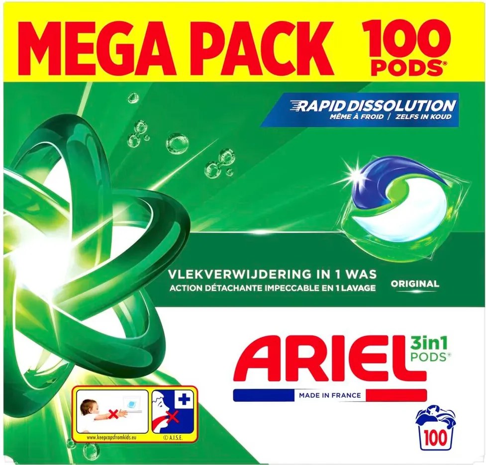Ariel Original 3-in-1 Wasmiddelpods - 100 stuks - Vlekverwijdering - Koud en warm wassen