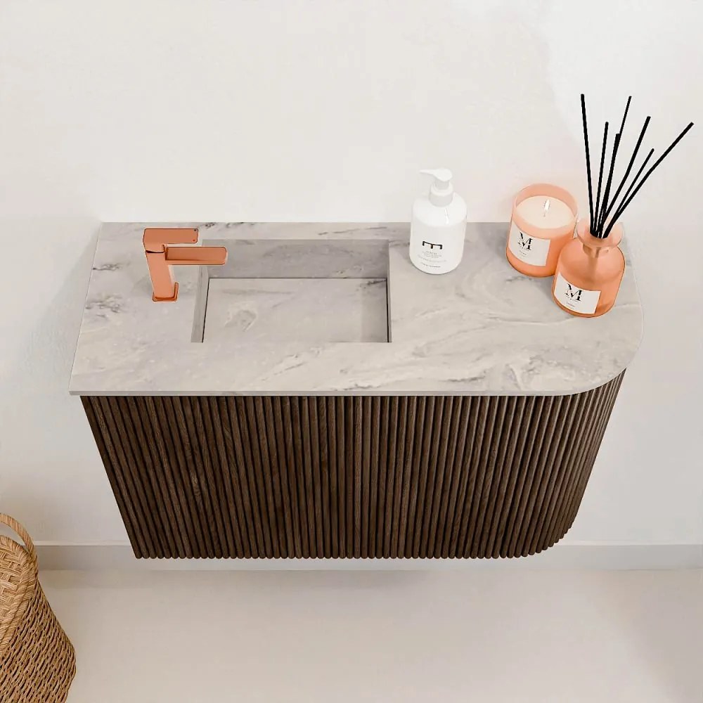 Mondiaz Joya DLux 60cm toiletmeubel ronding rechts walnut met wastafel faye links 1 kraangat glace