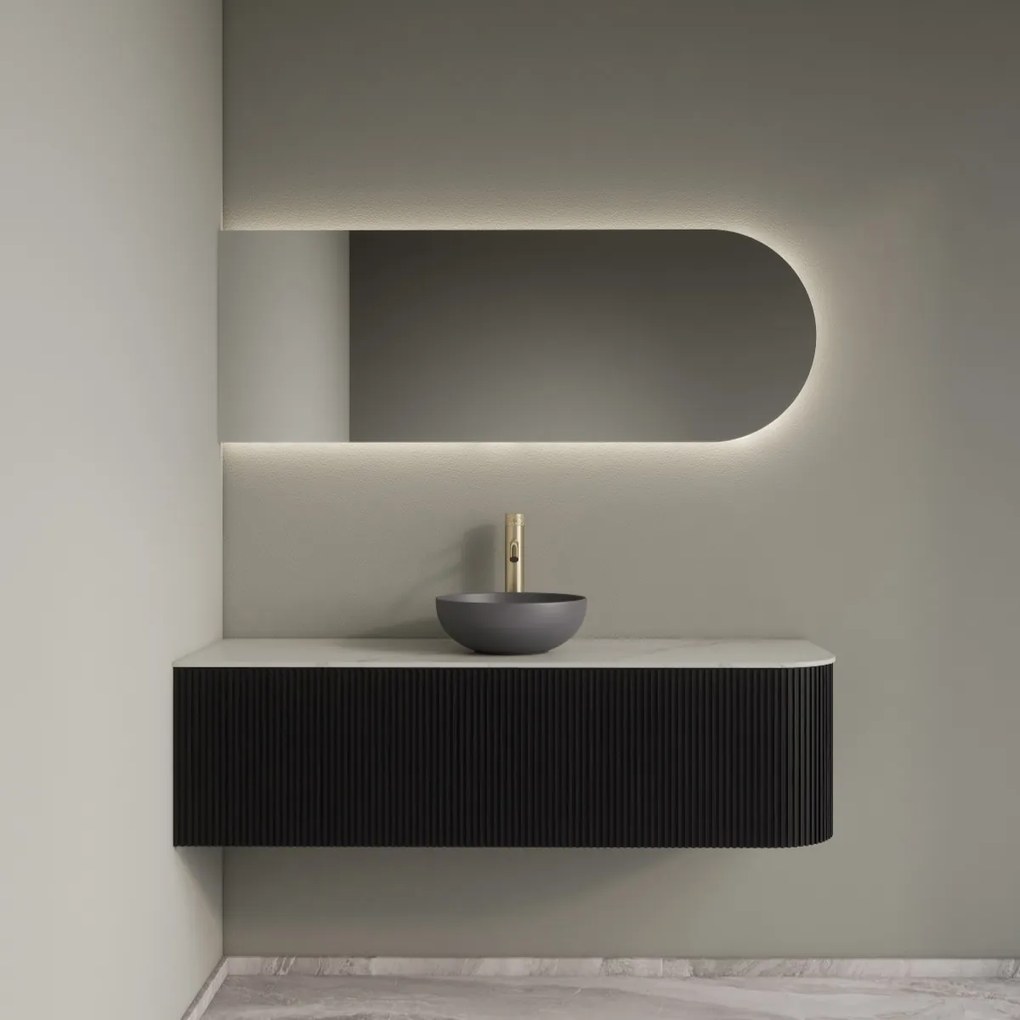 Gliss Design Alluro badmeubel ribbelfront met ronding rechts 140cm black en wit marmer toppaneel