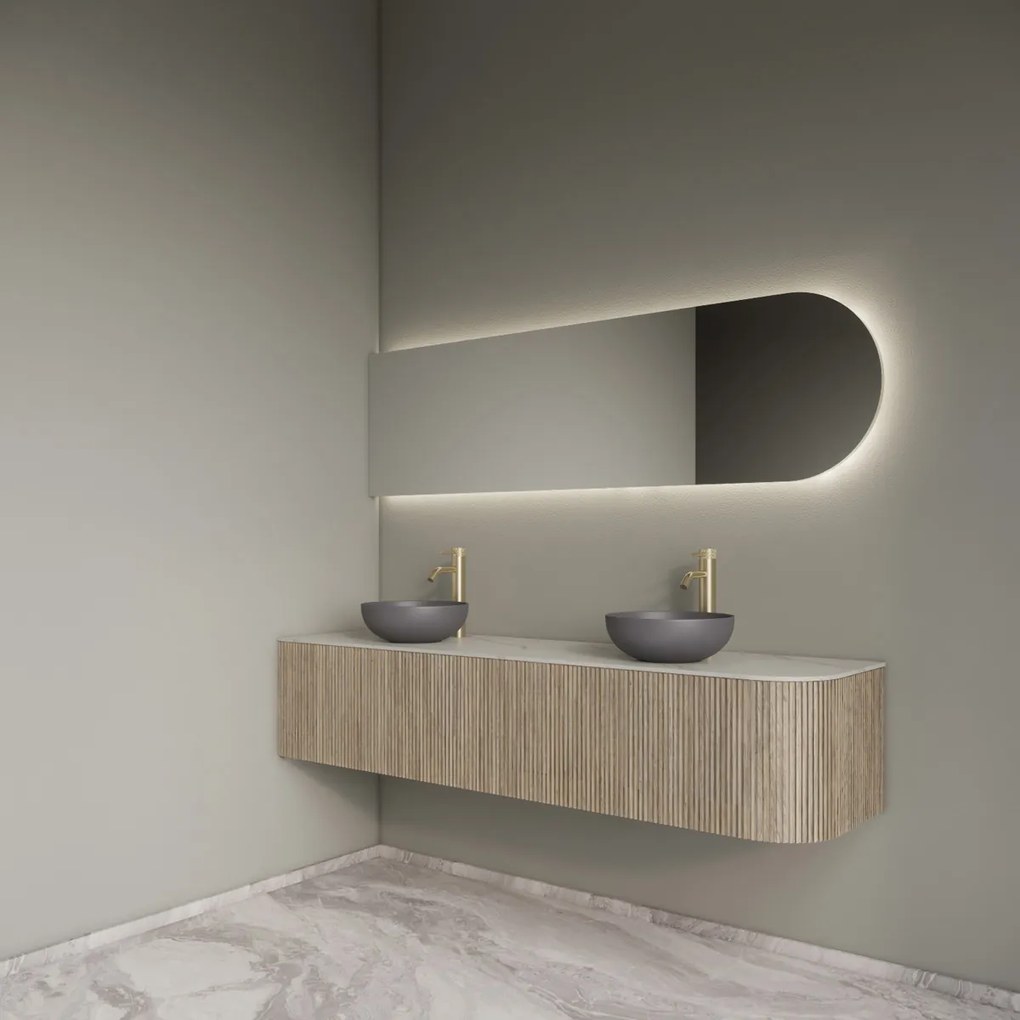 Gliss Design Alluro badmeubel ribbelfront met ronding rechts 180cm corn silk en wit marmer toppaneel