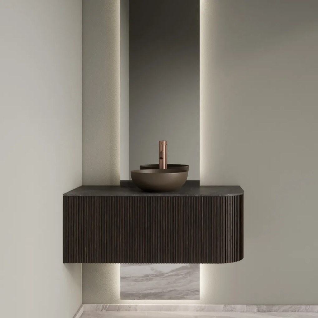 Gliss Design Alluro badmeubel ribbelfront met ronding rechts 100cm ebony en zwart leisteen toppaneel