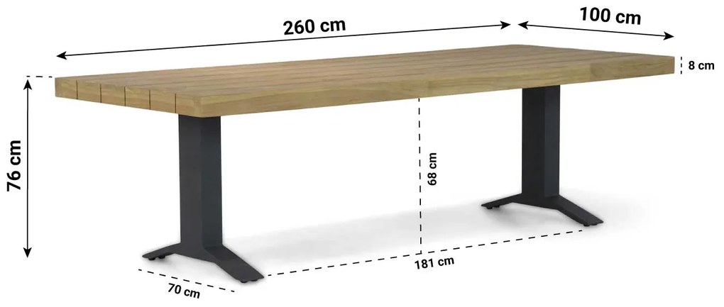 Dining Tuintafel   260 x 100 cm Aluminium/teak Old teak greywash  Santika Superior