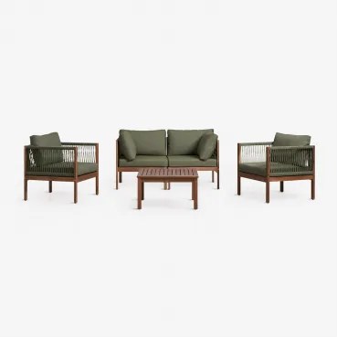 Woonkamerset Met 2-delige Modulaire Bank Met Armleuningen, 2 Fauteuils En Salontafel In Branson Acaciahout Intens Olijfgroen - Donker Acaciabruin -