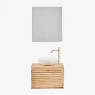 Deleyna Wandgemonteerde Houten Badkamermeubelset Natuurlijk Hout & Rond Cement Wit Ø40 Cm Zavion & Rechthoekige Led En Anticondens 60x70 Cm Tamsin -