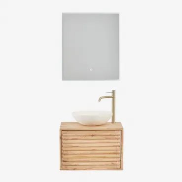 Hangend Badkamermeubelset 60x45 Cm In Hout Deleyna Natuurlijk Hout & Rond Cement Wit Ø40 Cm Zavion & Rechthoekige Led En Anticondens 60x70 Cm Riben -