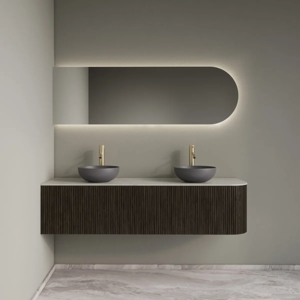 Gliss Design Alluro badmeubel ribbelfront met ronding rechts 160cm charcoal en wit marmer toppaneel
