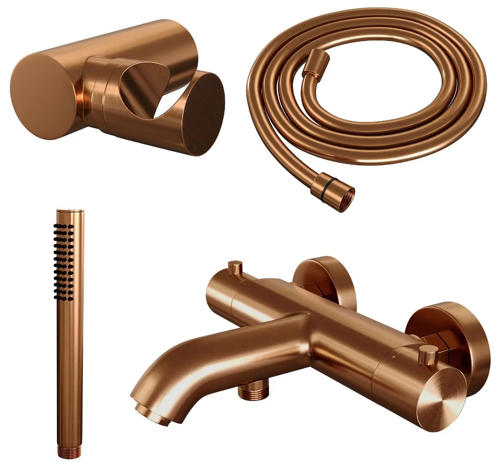 Brauer Copper Edition thermostatische badkraan met wandhouder en staafhanddouche geborsteld koper PVD