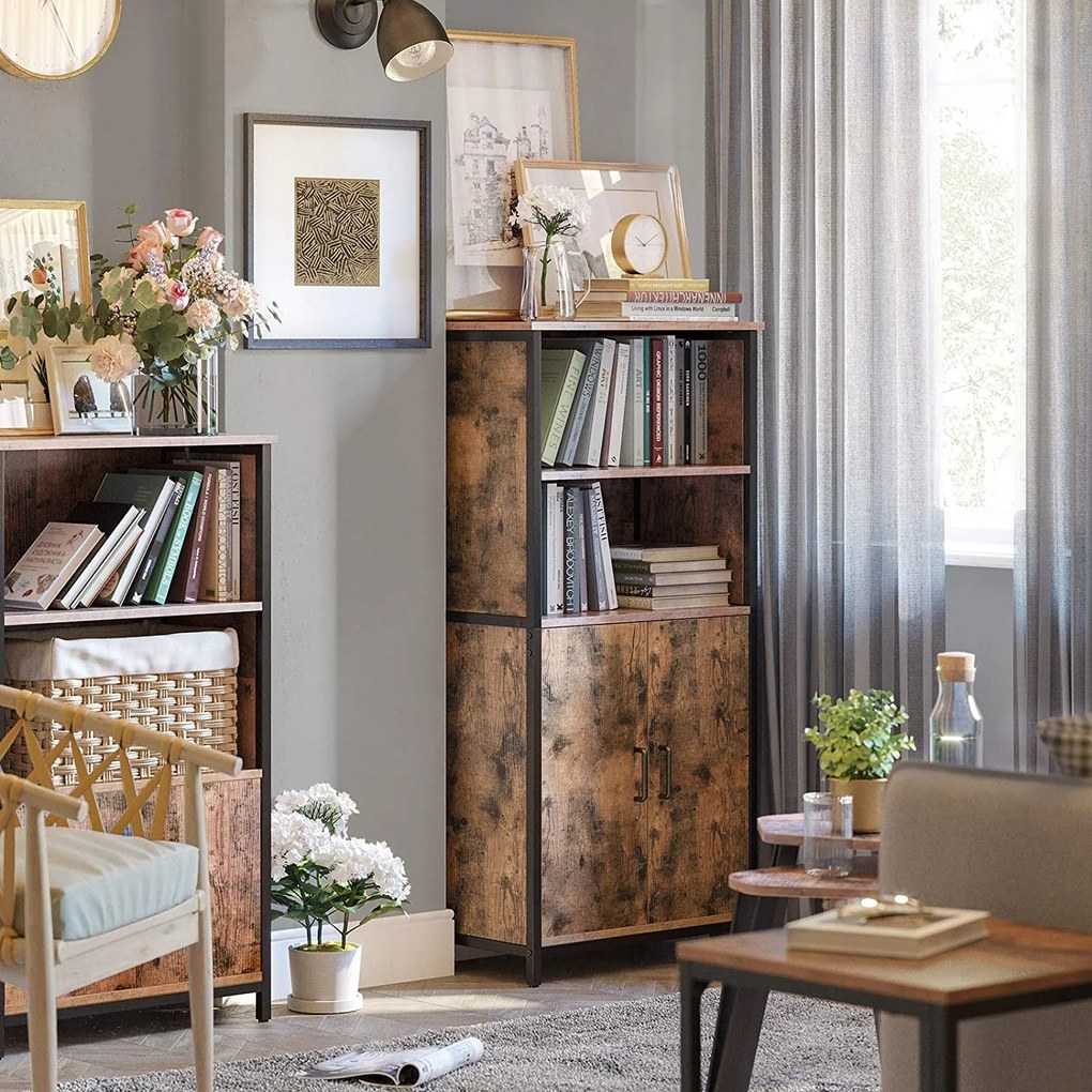 Nancy's Hutchinson Boekenkast - Vintage Houten Kast - Industriële Kasten - 2 Deuren - 60 x 35 x 125 cm (L x B x H)