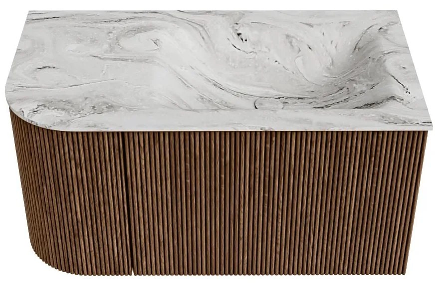 Mondiaz Kurve-dlux 85cm badmeubel ronding links walnut met 1 lade en deur en wastafel cloud kraangat rechts glace