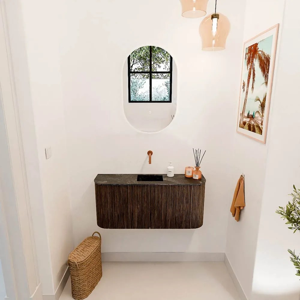 Mondiaz Joya DLux 95cm toiletmeubel ronding links/rechts walnut met wastafel faye midden zonder kraangat lava