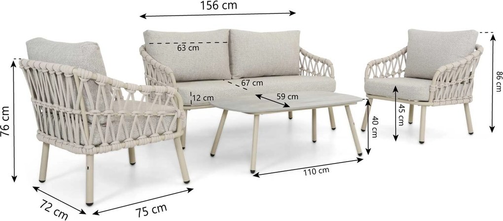 Stoel en Bank Loungeset 4 personen Rope Zand/Beige Coco Serra