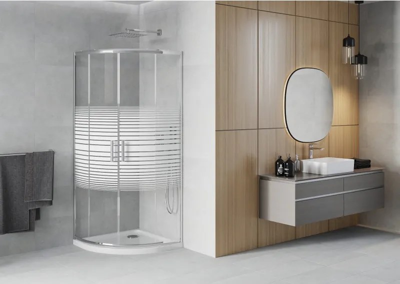 Mexen Rio halfronde douchecabine 80 x 80 cm, witte strepen, chroom + Flat douchebak, wit - 863-080-080-01-20-4110