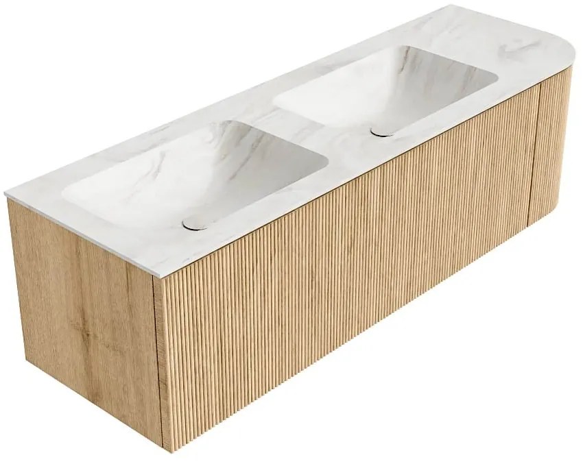 Mondiaz Kurve-dlux 145cm badmeubel ronding rechts oak met 1 lade en deur en wastafel leaf dubbel/links 2 kraangaten ostra