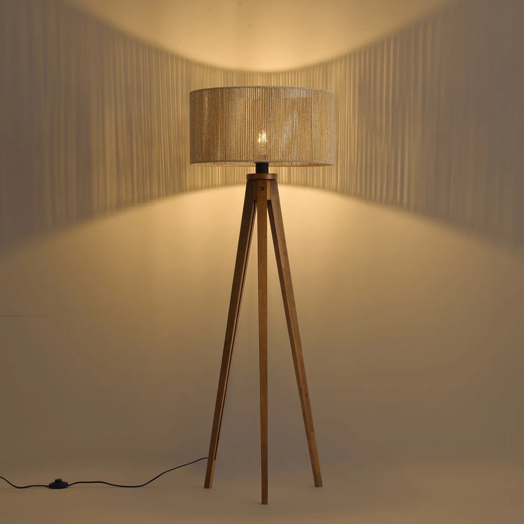 Vloerlamp vintage hout met beige papieren touw kap 50/50/25 - Tripod Classic
