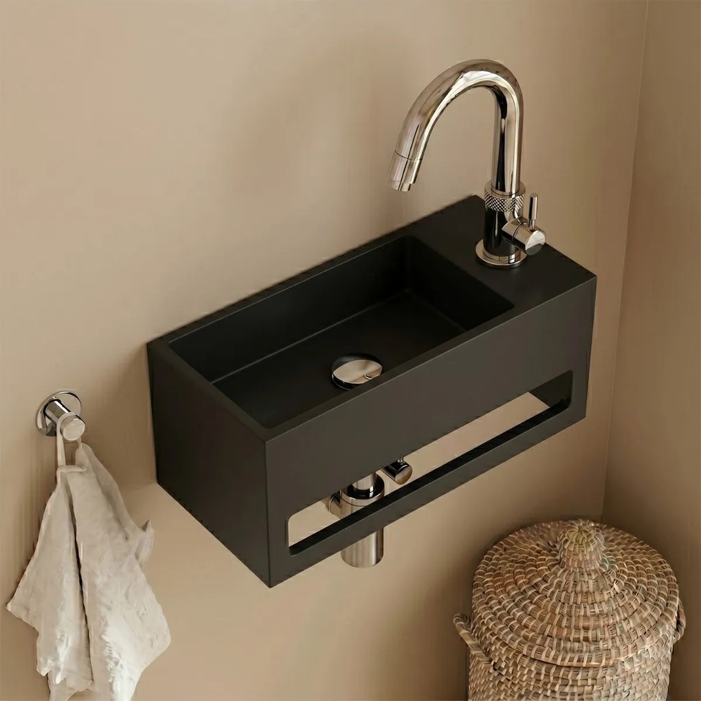 Saniclear Bali mat zwarte solid surface fontein 36x20cm rechts