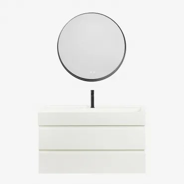 Badkamermeubelset Van Hout En Essenhoutfineer Met Geïntegreerde Wastafel Ona Wit & Round Led And Antifog Zwart Ø80 Cm Kimacs & - Sklum