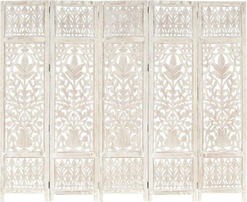Kamerscherm met 5 panelen handgesneden 200x165 cm mangohout wit