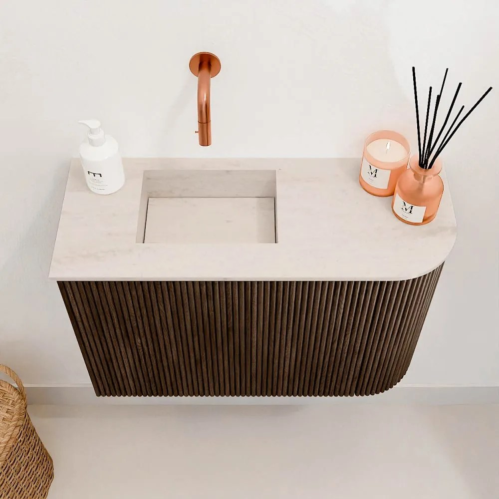 Mondiaz Joya DLux 60cm toiletmeubel ronding rechts walnut met wastafel faye links zonder kraangat meli