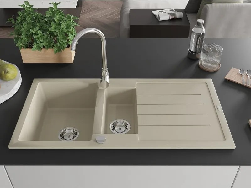 Mexen Andres granitische spoelbak 1,5-komoren met afdruiprek 1000 x 500 mm, beige, chroom sifon - 6515101510-69