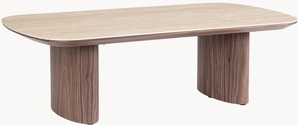 Ovale houten salontafel Ezekiel met tafelblad in travertijn look
