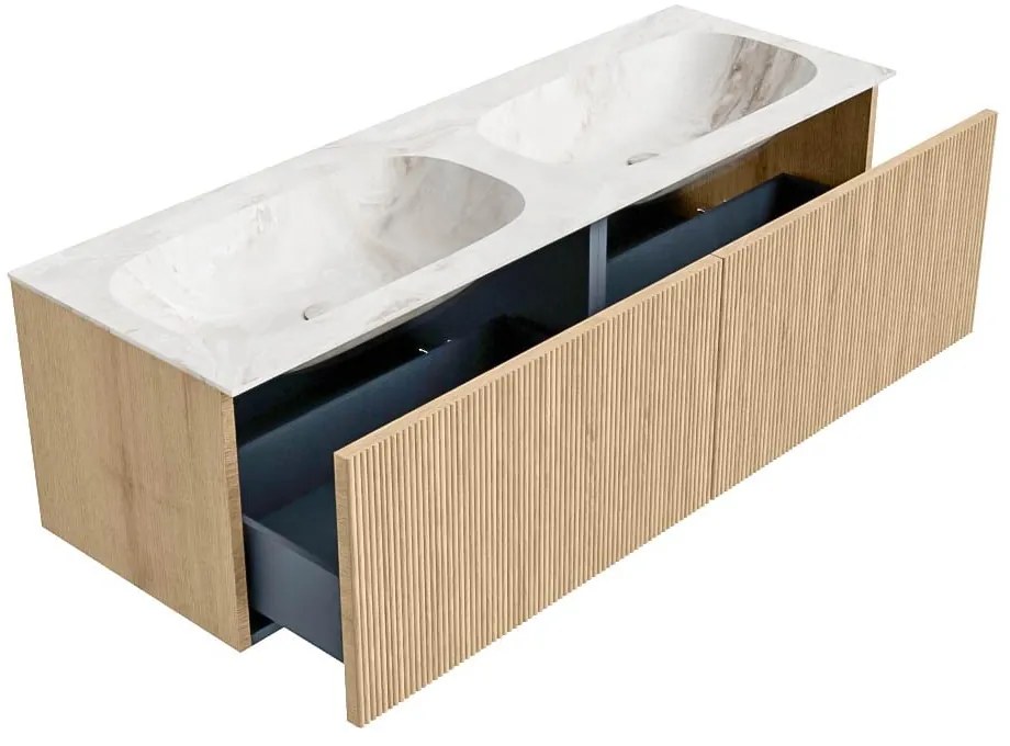 Mondiaz Kurve-dlux 140cm badmeubel oak met 2 lades en wastafel stor small dubbel zonder kraangat frappe