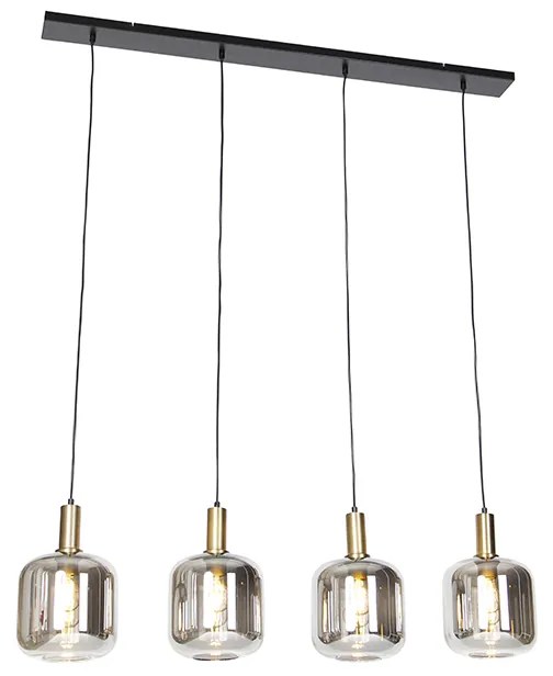 Design hanglamp zwart met goud en smoke glas 4-lichts - Zuzanna