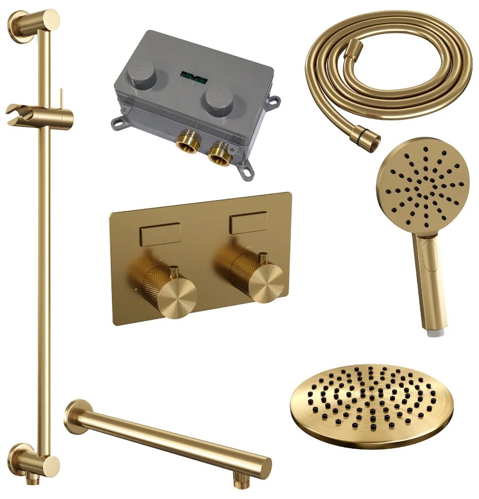 Brauer Gold Carving thermostatische inbouw regendouche met 3 standen handdouche, rechte muurarm, glijstang en hoofddouche 20cm set 67 messing geborsteld PVD