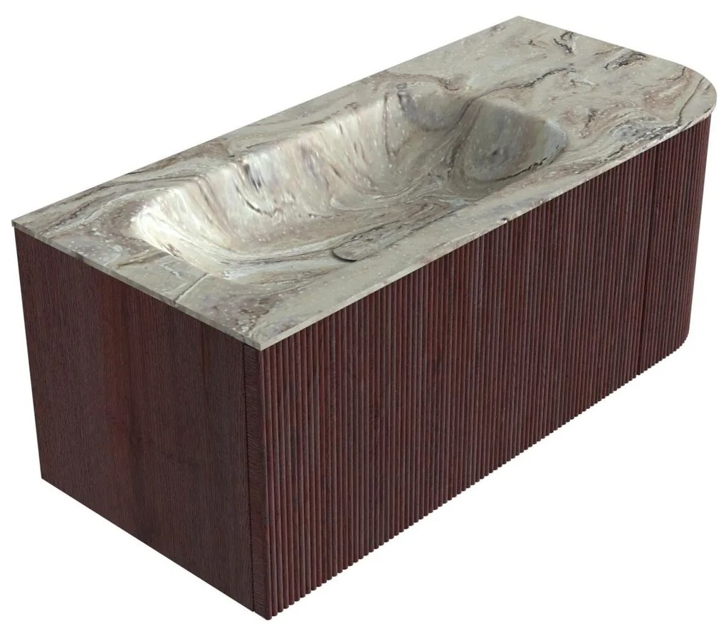 Mondiaz Kurve-dlux 105cm badmeubel ronding rechts ruby met 1 lade en deur en wastafel big small links zonder kraangat glace