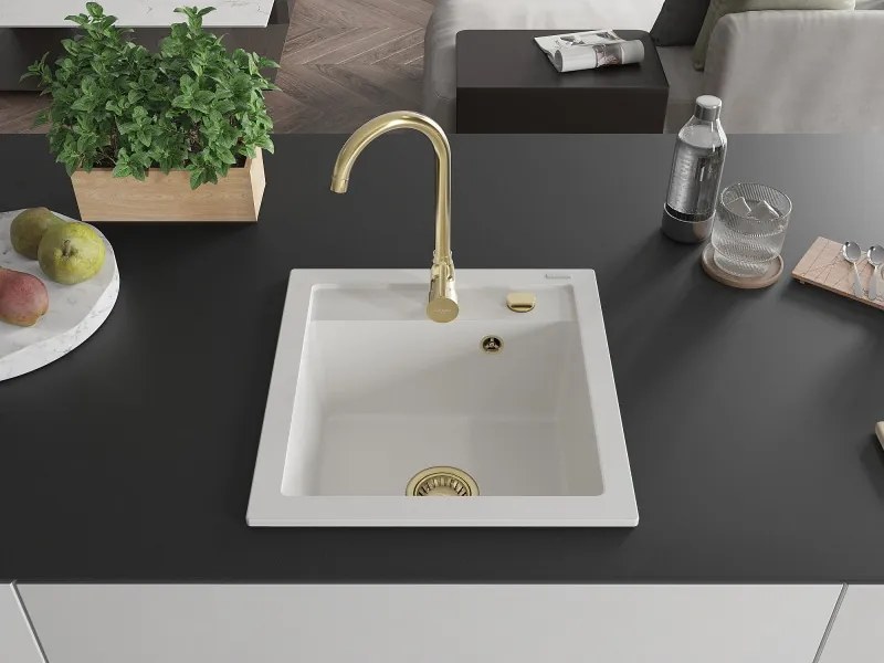Mexen Vito 1-komerige granieten gootsteen 520 x 490 mm, wit, gouden sifon - 6503521000-20-G