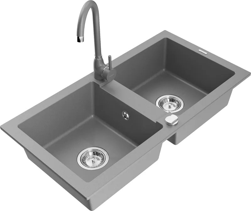 Mexen Mario granieten gootsteen 2-komers met keukenmengkraan Telma, grijs - 6504-71-670200-71
