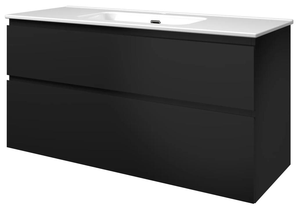 Elegant badmeubel met keramische wastafel enkel met 1 kraangat en onderkast a-symmetrisch - Mat zwart - 120x46cm (bxd)
