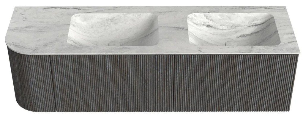 Mondiaz Kurve-dlux 155cm badmeubel ronding links shadow met 2 lades en 1 deur en wastafel leaf dubbel/rechts zonder kraangat opalo