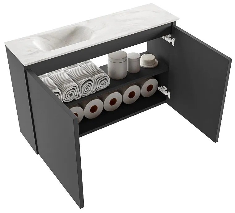 Mondiaz Ture DLux toiletmeubel 80cm dark grey met wastafel ostra links met kraangat