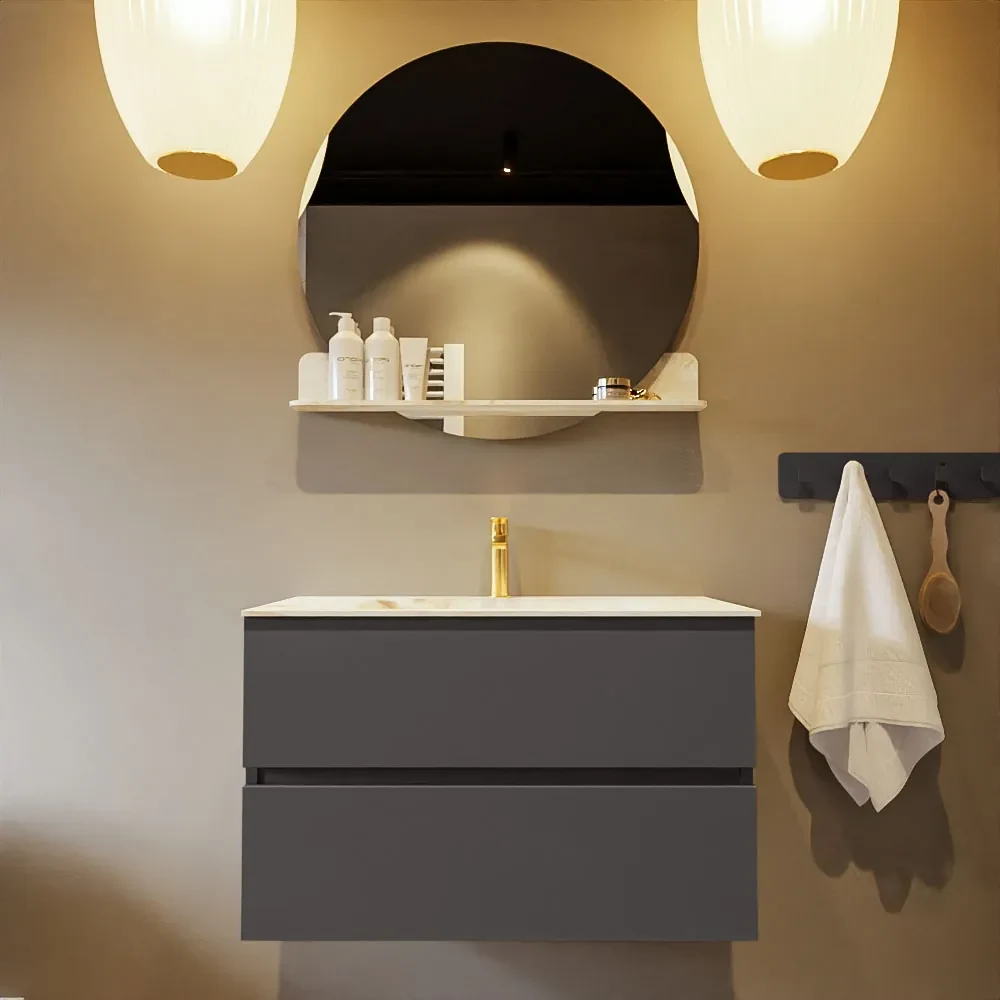 Mondiaz Vica DLux badmeubel 80cm dark grey 2 lades met wastafel frappe midden 1 kraangat