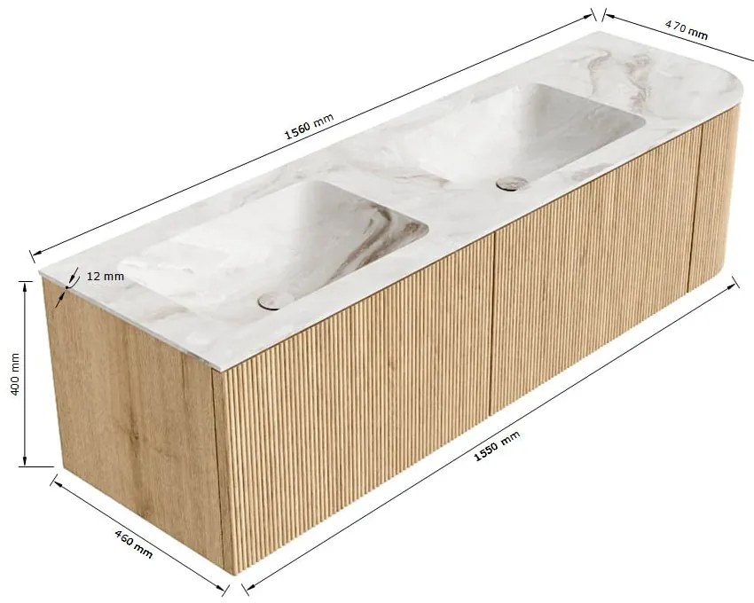 Mondiaz Kurve-dlux 155cm badmeubel ronding rechts oak met 2 lades en 1 deur en wastafel leaf dubbel/links zonder kraangat ostra
