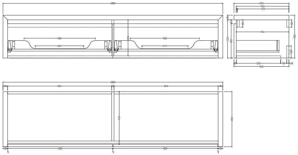 SaniGoods Alvares badmeubel 180cm 2 lades eiken ashgrey met zwarte waskommen