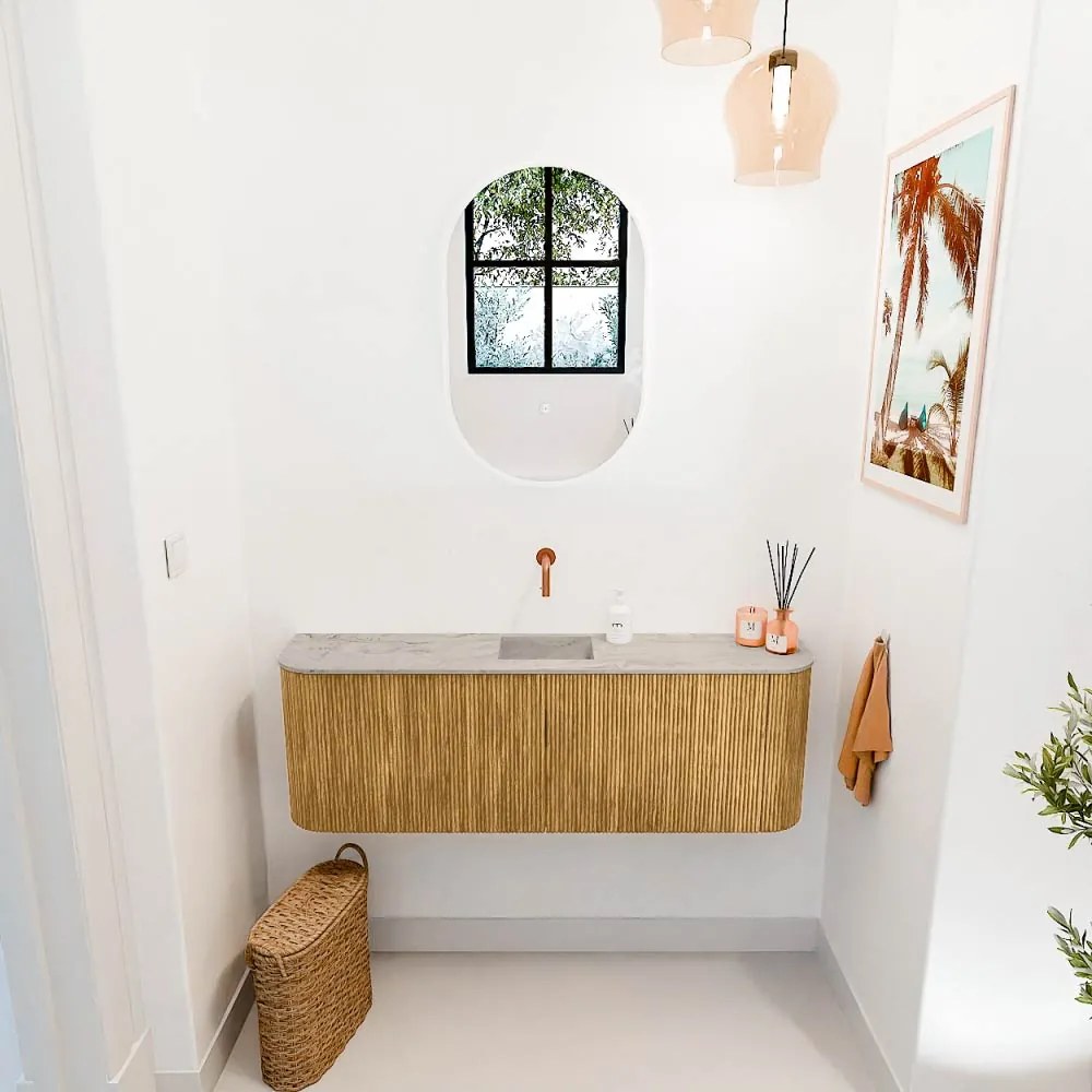 Mondiaz Joya DLux 125cm toiletmeubel ronding links/rechts oak met wastafel faye midden zonder kraangat glace