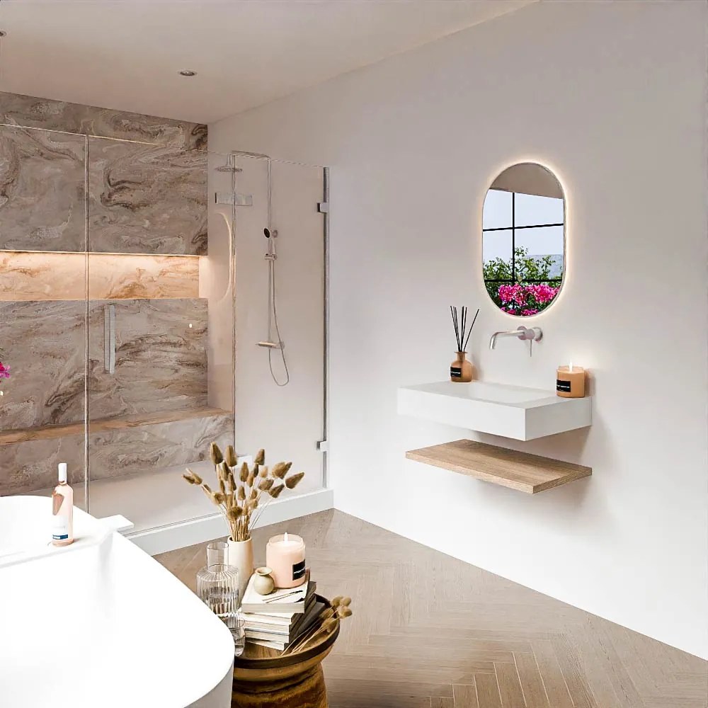 Zaro Alan badmeubel 70cm met planchet washed oak en vrijhangende wastafel cloud midden zonder kraangat talc