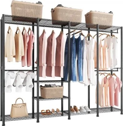 VEVOR Kledingrek (verstelbaar) met 4 kledingstangen en een draagvermogen van 499 kg en 10 planken, stevige open kledingkast voor slaapkamer, kledingwinkel, garderobe, hal